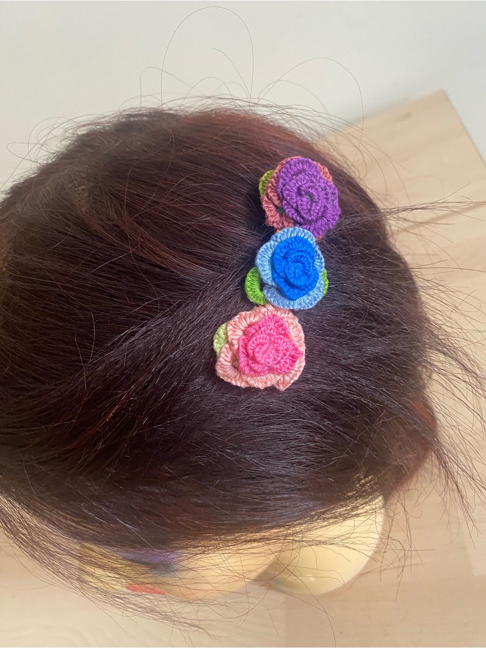 Handmade Crochet Floral Hair Clip Trio - Pink Blue Purple
